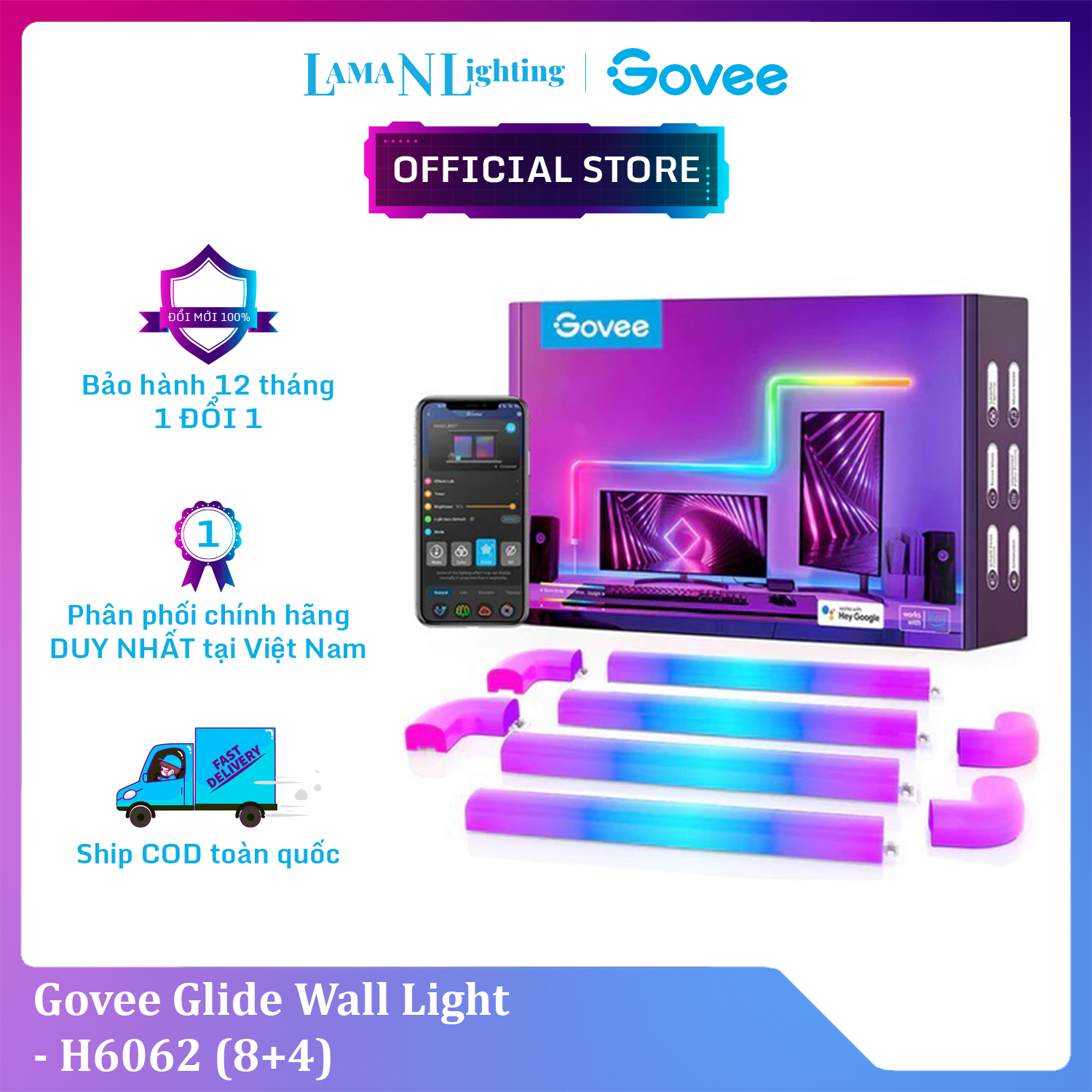 Thanh Đèn LED lắp ghép Govee Glide Wall Light H6062 (8+4) | 42+ Hiệu ứng ánh sáng động RGBIC 16 triệu màu, cảm biến nhạc