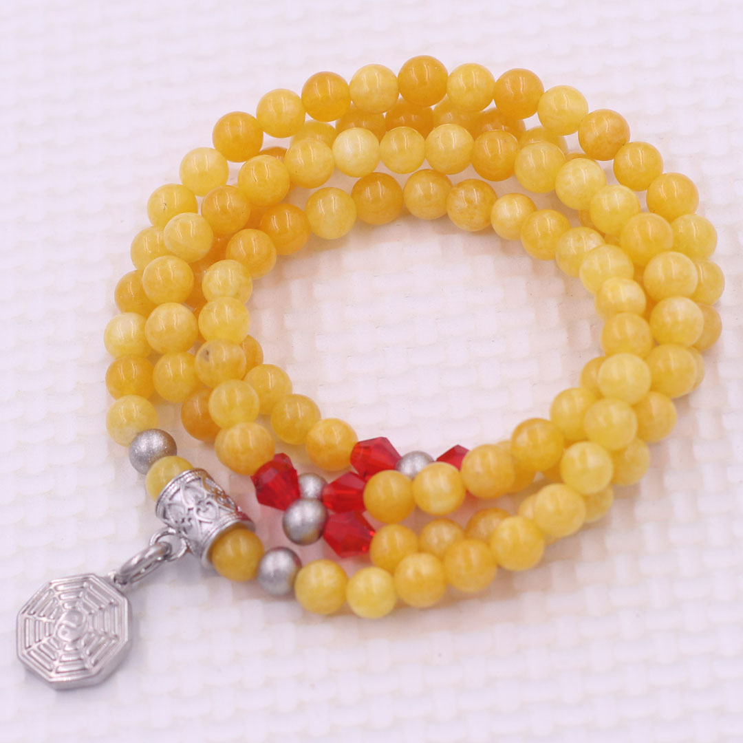 Vòng chuỗi 108 hạt đá ngọc tủy vàng 6 ly charm bát quái inox - vòng chuỗi niệm Phật, vòng tay chuỗi hạt