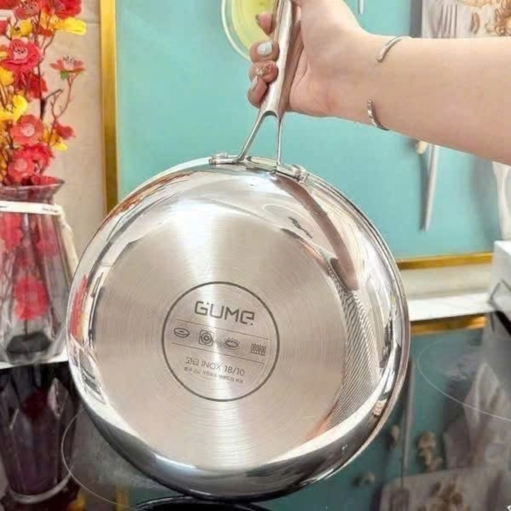 Chảo inox 18/10 đúc liền khối chống dính Blackcube Gu Me Hàn Quốc size 24/28cm đáy từ kèm vung kính, hành chính hãng