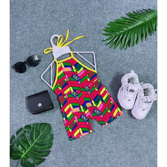 Set Mới Cho Bé Áo Yếm Cột Quần Ngố Thời Trang Chất Thun Mềm Mại