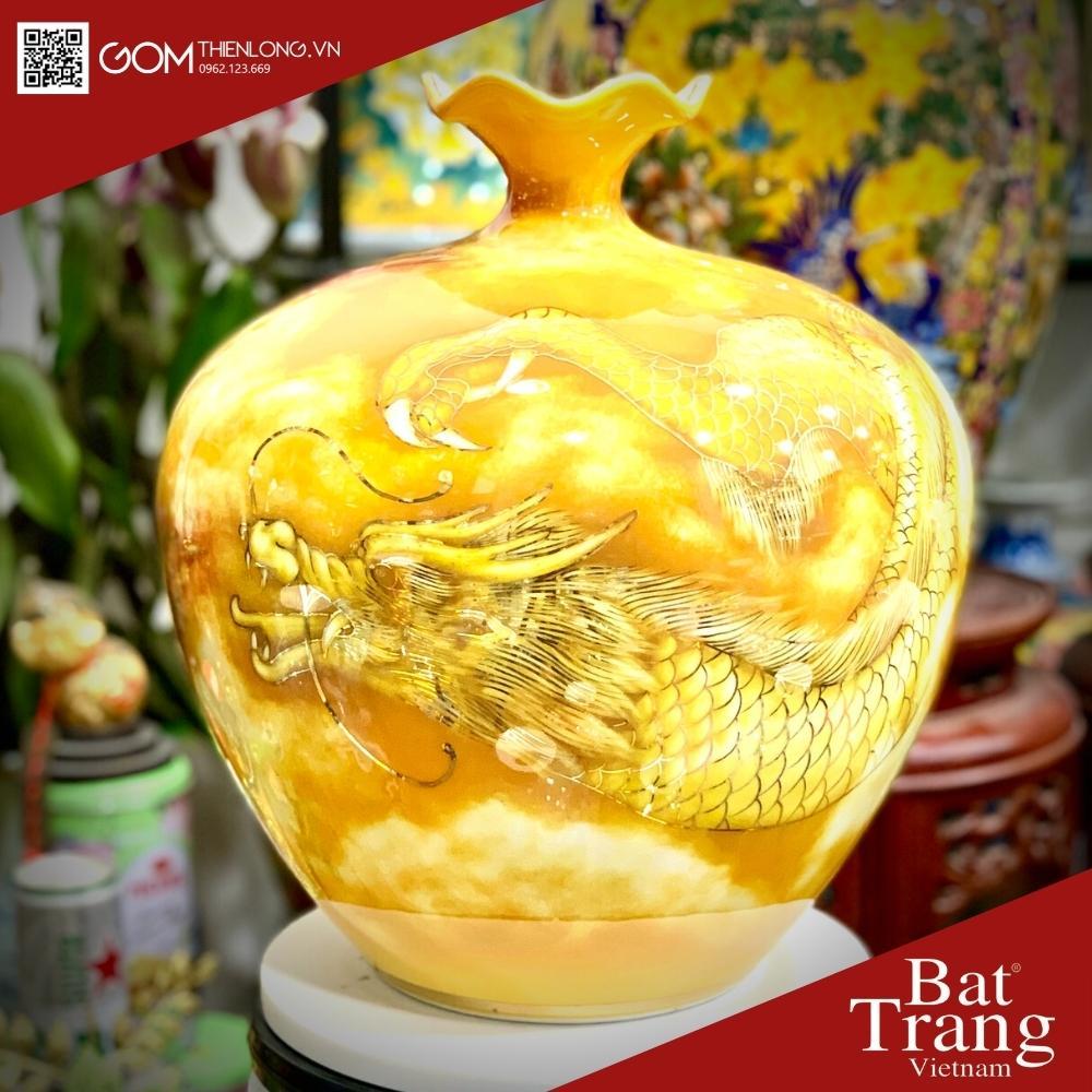 Bình Hút Tài Lộc Miệng Lượn Vẽ Vàng 3D Long Phụng Vờn Mây - Bình Hút Lộc Bát Tràng - Gốm Thiên Long