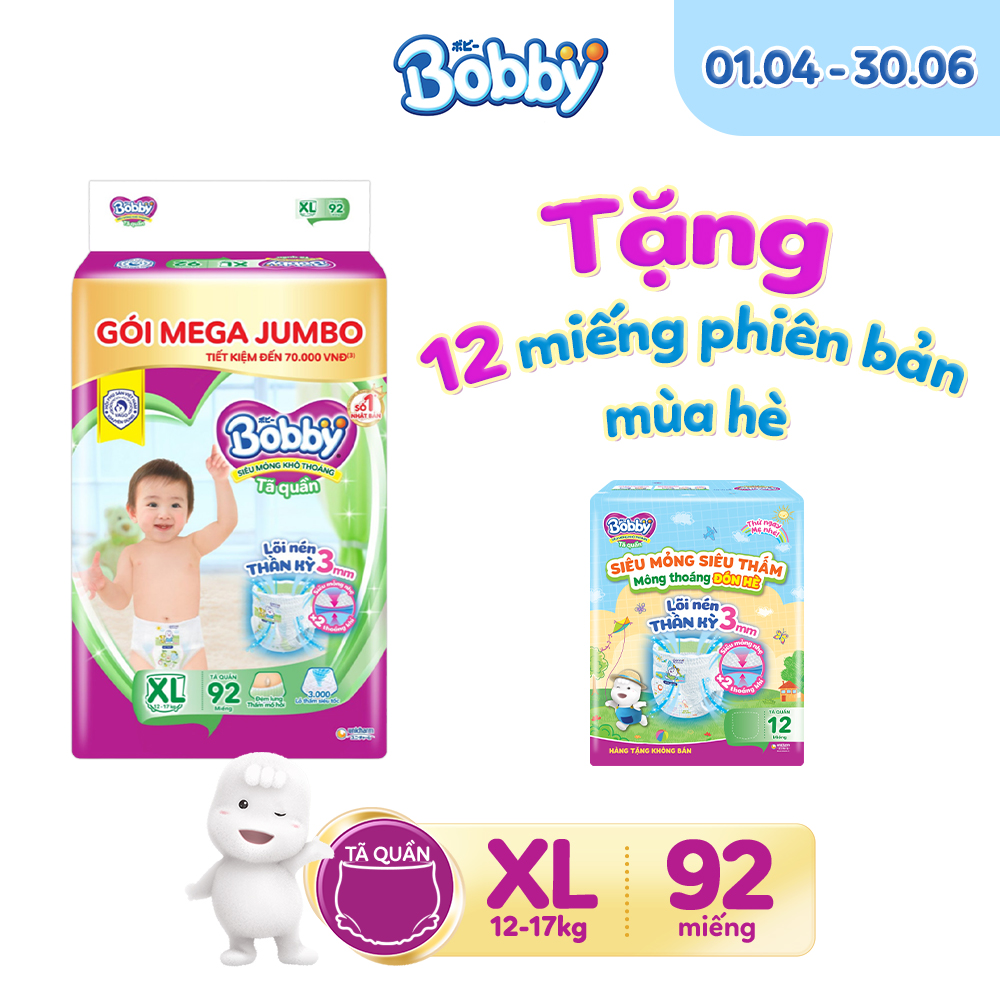 [Tặng 12 miếng phiên bản mùa hè] Tã quần Bobby lõi nén thần kì 3mm XL92