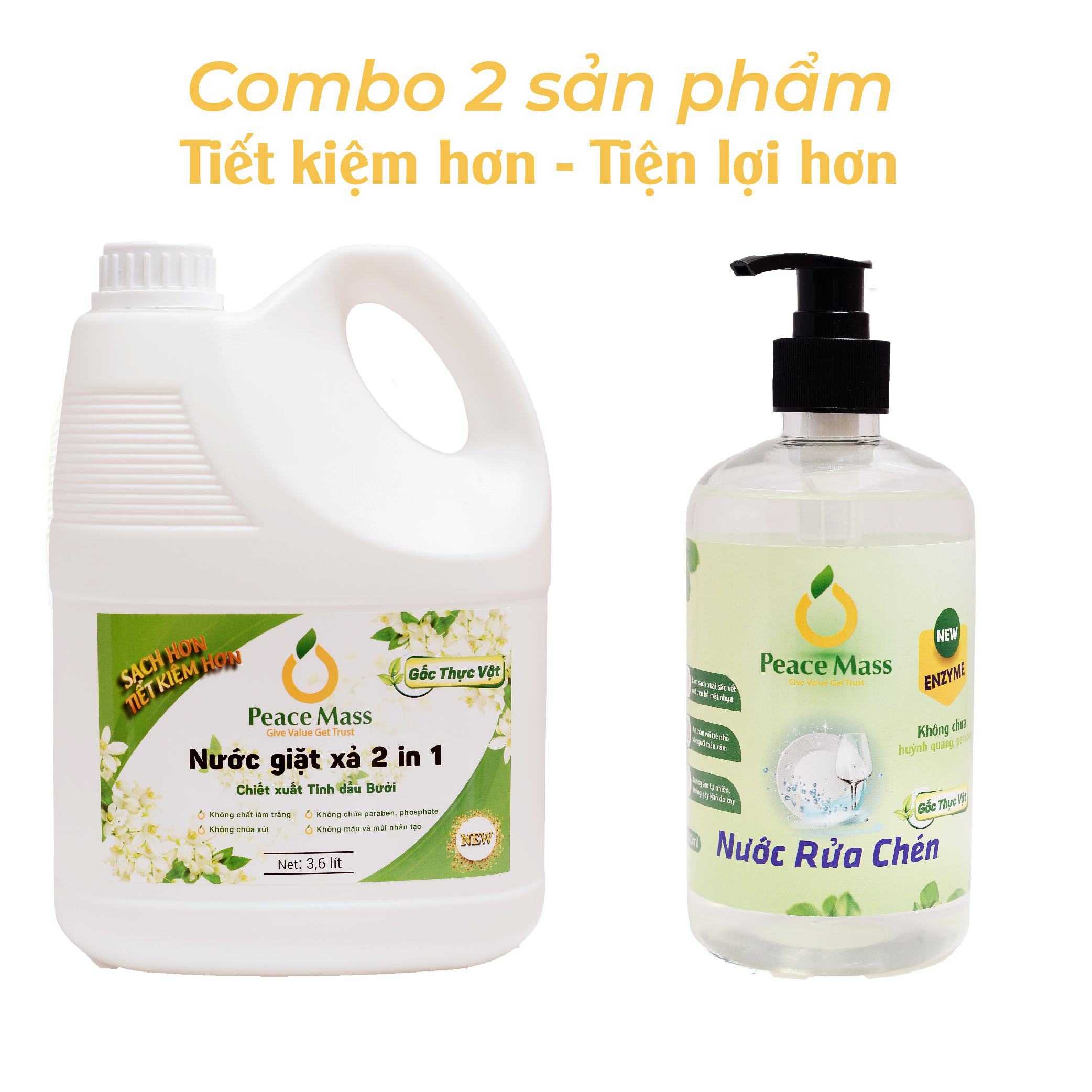 Combo Gốc Thực Vật NGB1 Peace Mass Nước Giặt Xả 2 in 1 3.6 lít + Nước Rửa Chén 500ml