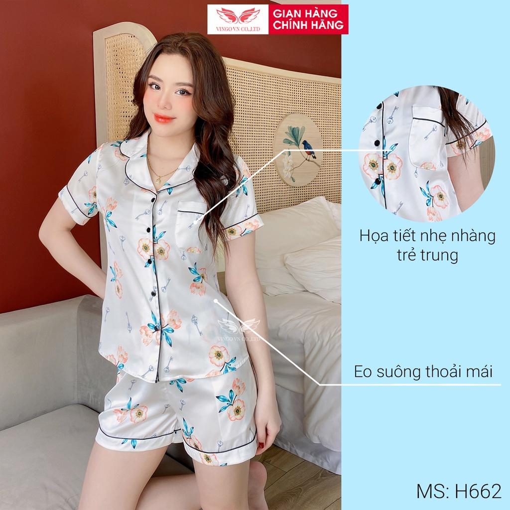 Bộ Pijama nữ mặc nhà lụa Pháp VINGO áo cộc tay quần đùi mát mặc nhà mùa Hè hoạ tiết hoa hồng trắng ngọt ngào H662 VNGO