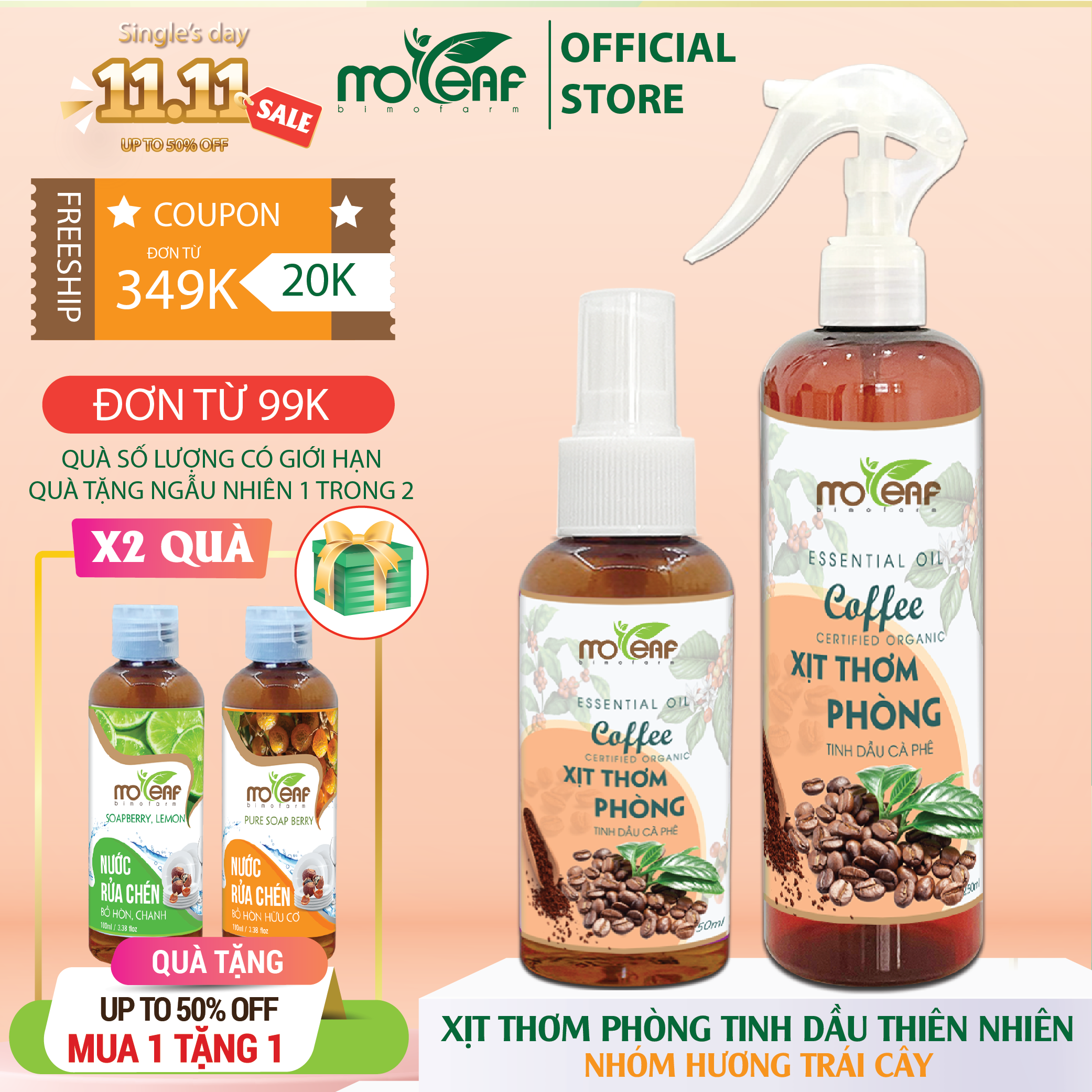 Xịt Thơm Phòng Tinh Dầu Coffee Moleaf Khử Mùi Thơm Mát Hỗ Trợ Giảm Say Tàu Xe 250ml