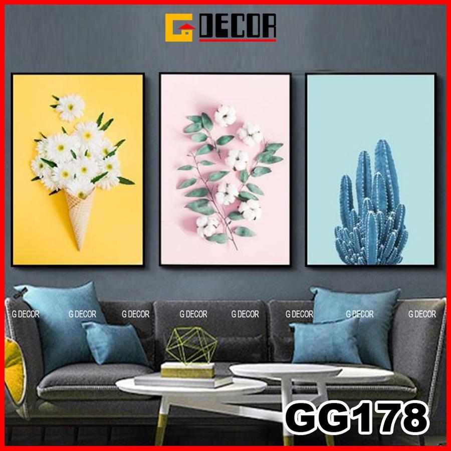 Tranh treo tường canvas 3 bức phong cách hiện đại Bắc Âu 178, tranh hoa lá trang trí phòng khách, phòng ngủ, spa, decor