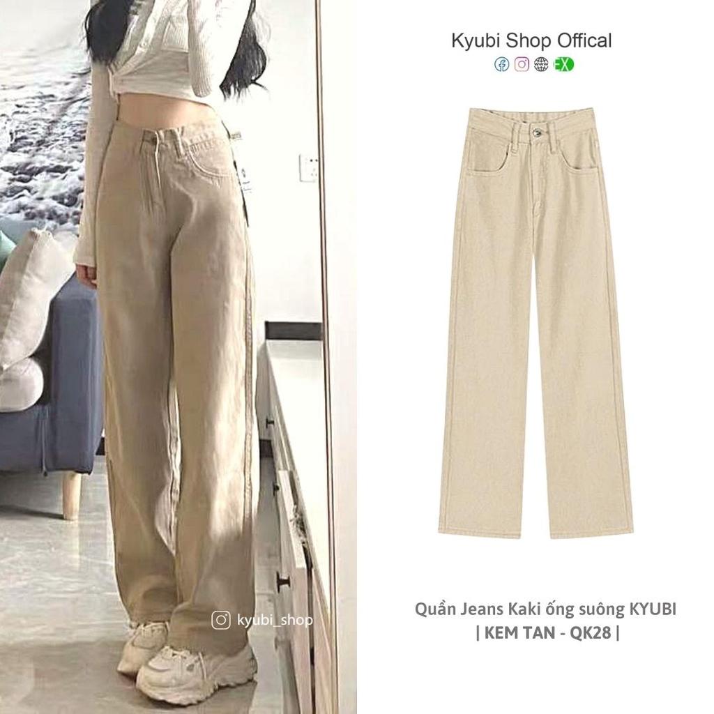 Quần jean kaki nữ ống suông ulzzang lưng cao màu nâu tây (có bigsize) - Quần jeans ống rộng 2 nút Kyubi NT2