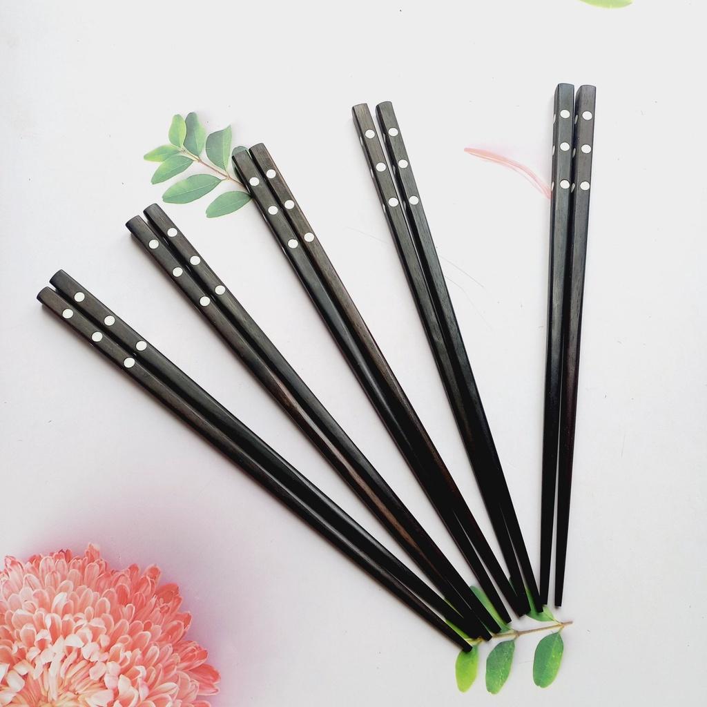 Đũa Gỗ Mun Tự Nhiên 23cm Cán Khảm Ốc, Đũa Ăn Cơm Thủ Công, Chụp Ảnh Trang Trí