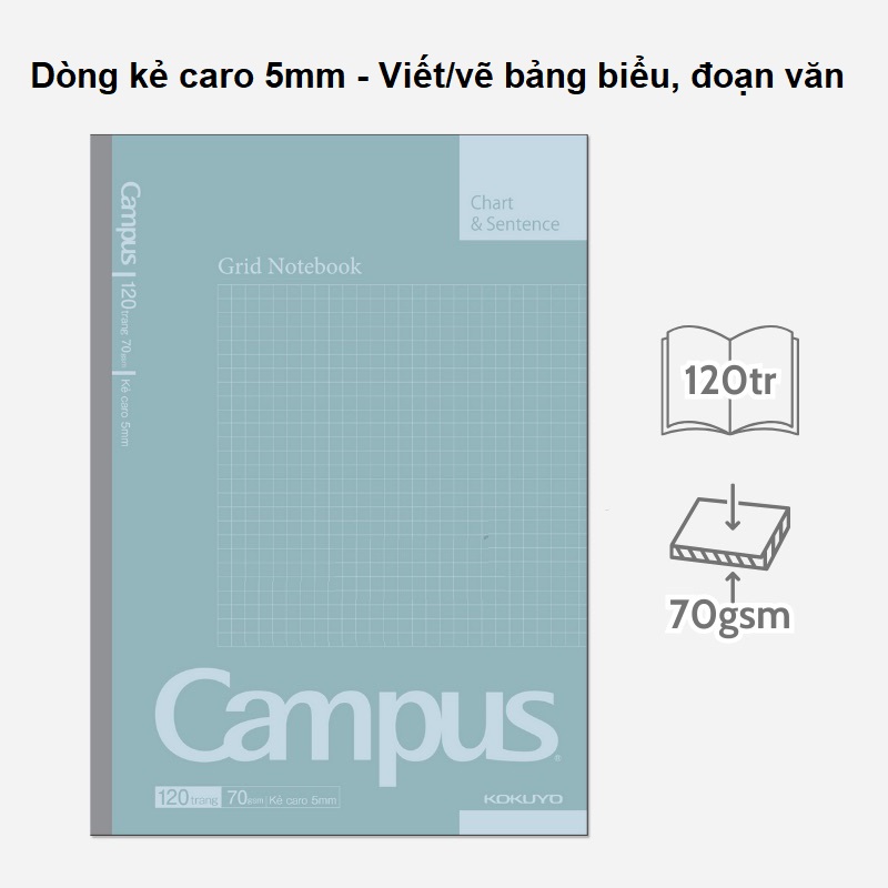 [MẪU MỚI 2024] Vở Caro Campus Basic Notebook 120 trang - Dòng kẻ caro 5mm, Phong Cách Đơn Giản