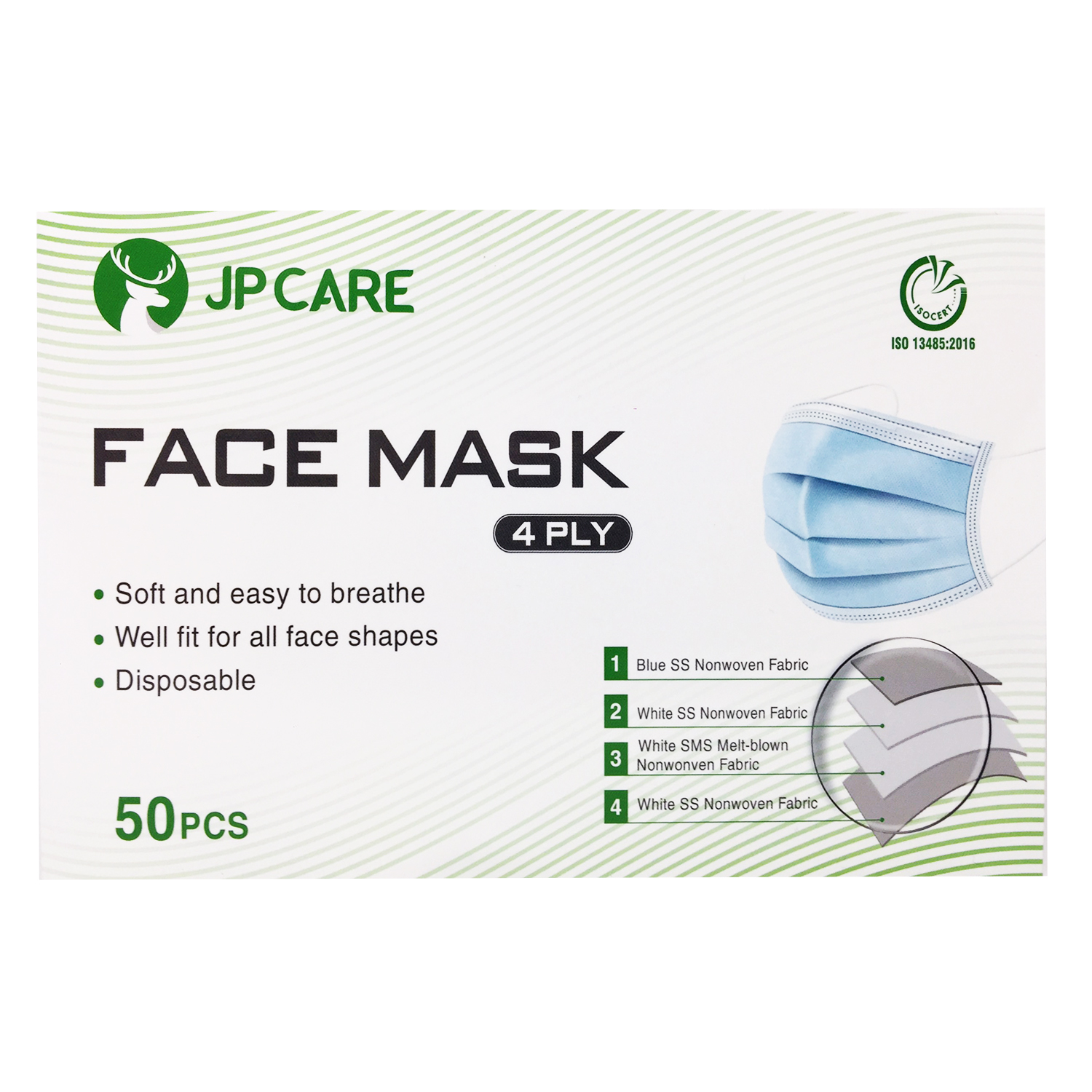 Khẩu trang JP CARE kháng khuẩn 4 lớp hộp 50 cái màu xanh (vải kháng khuẩn)