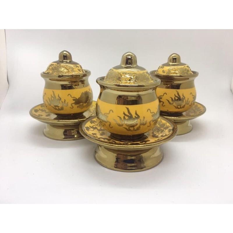 Bộ hũ gạo muối thờ bằng gốm nhũ kimsa
