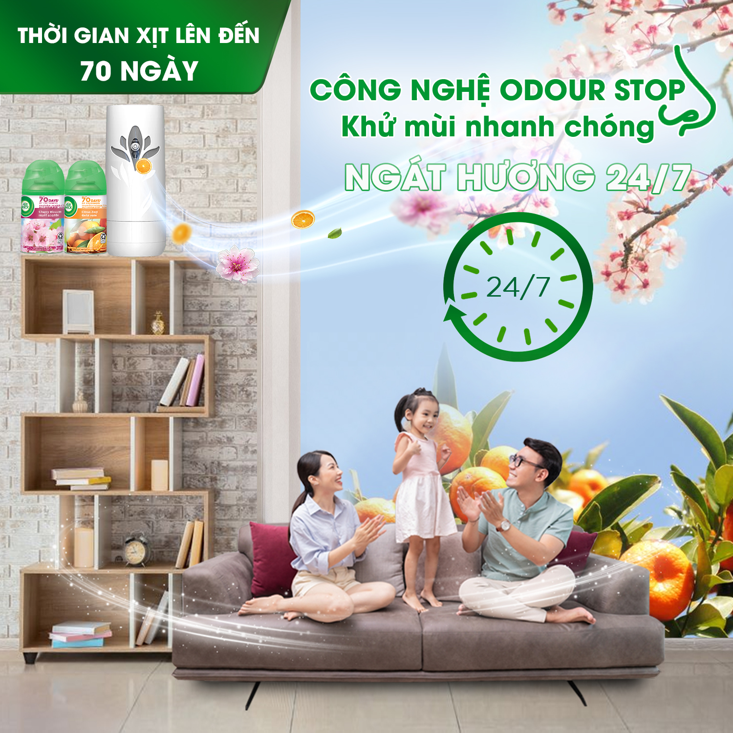 Bộ máy xịt phòng tự động Air Wick Cam quýt + Lõi hoa anh đào, “phủ” đa tầng hương cho không gian sống, 250ml