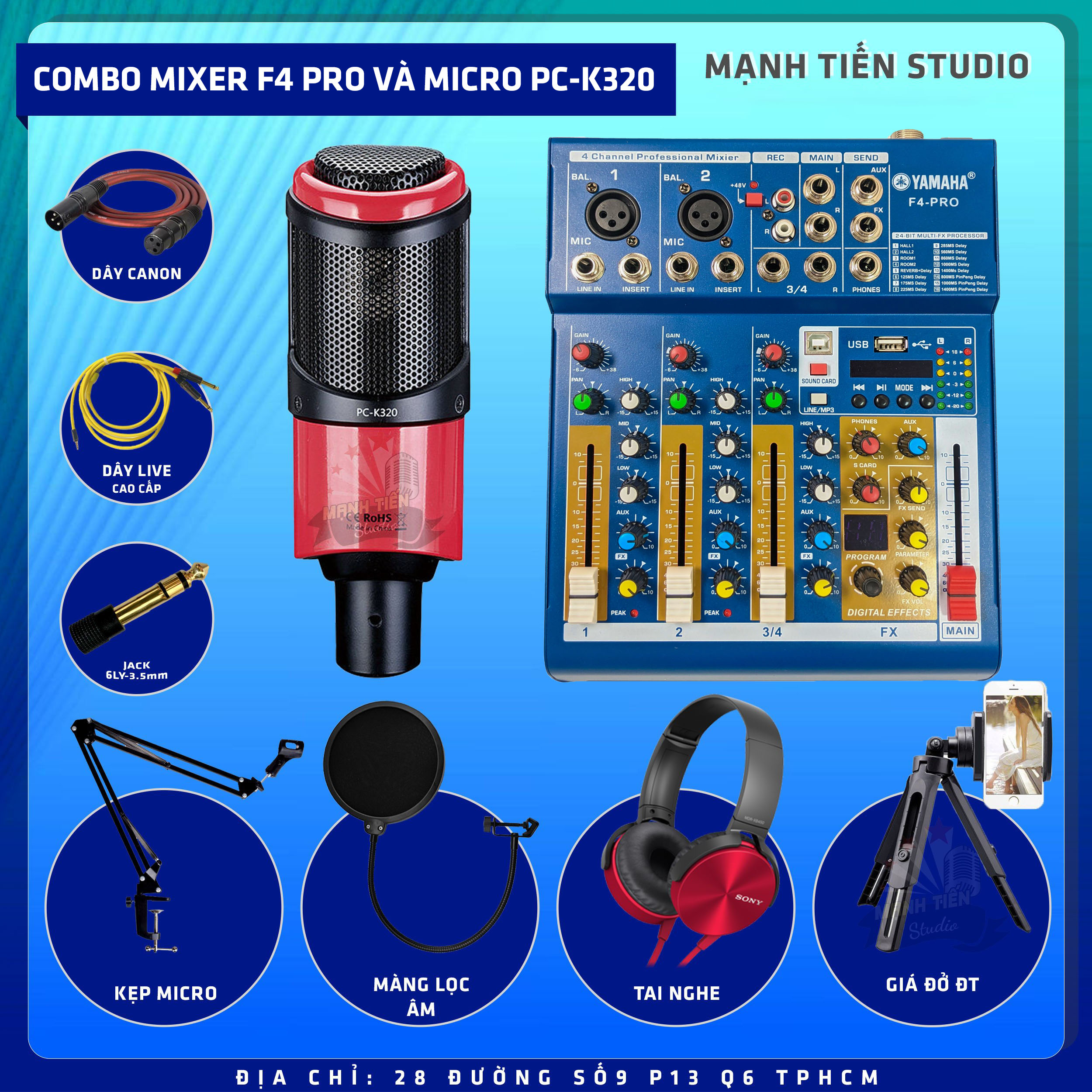 Combo thu âm, livestream Micro TakStar PC-K320, Mixer Yamaha F4 Pro - Kèm full phụ kiện kẹp micro, màng lọc, tai nghe, dây canon, dây livestream, giá đỡ ĐT - Hỗ trợ thu âm, karaoke online chuyên nghiệp - Hàng nhập khẩu