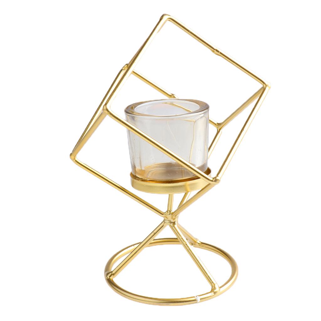 Metallic Hollow Candelabra Cube Candle Holder with Glass Cup Decor, Golden