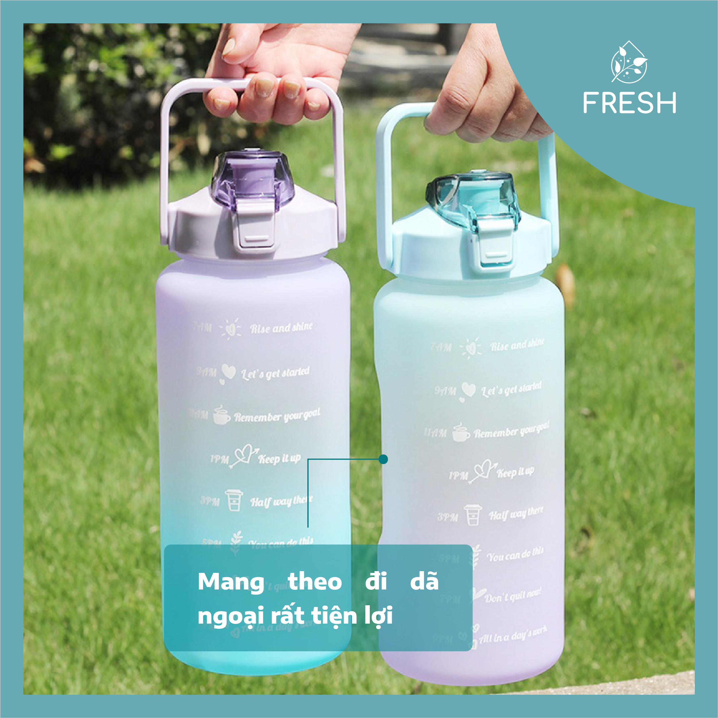 Bình Nước 2 Lít Chia Vạch Nhắc Nhở Giờ Uống Nước Mỗi Ngày TẶNG Kèm Sticker - FRESH