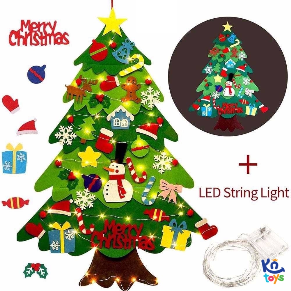 Cây thông Noel vải dạ dán tường 32 chi tiết trang trí Giáng sinh, tặng kèm dây đèn LED chạy pin