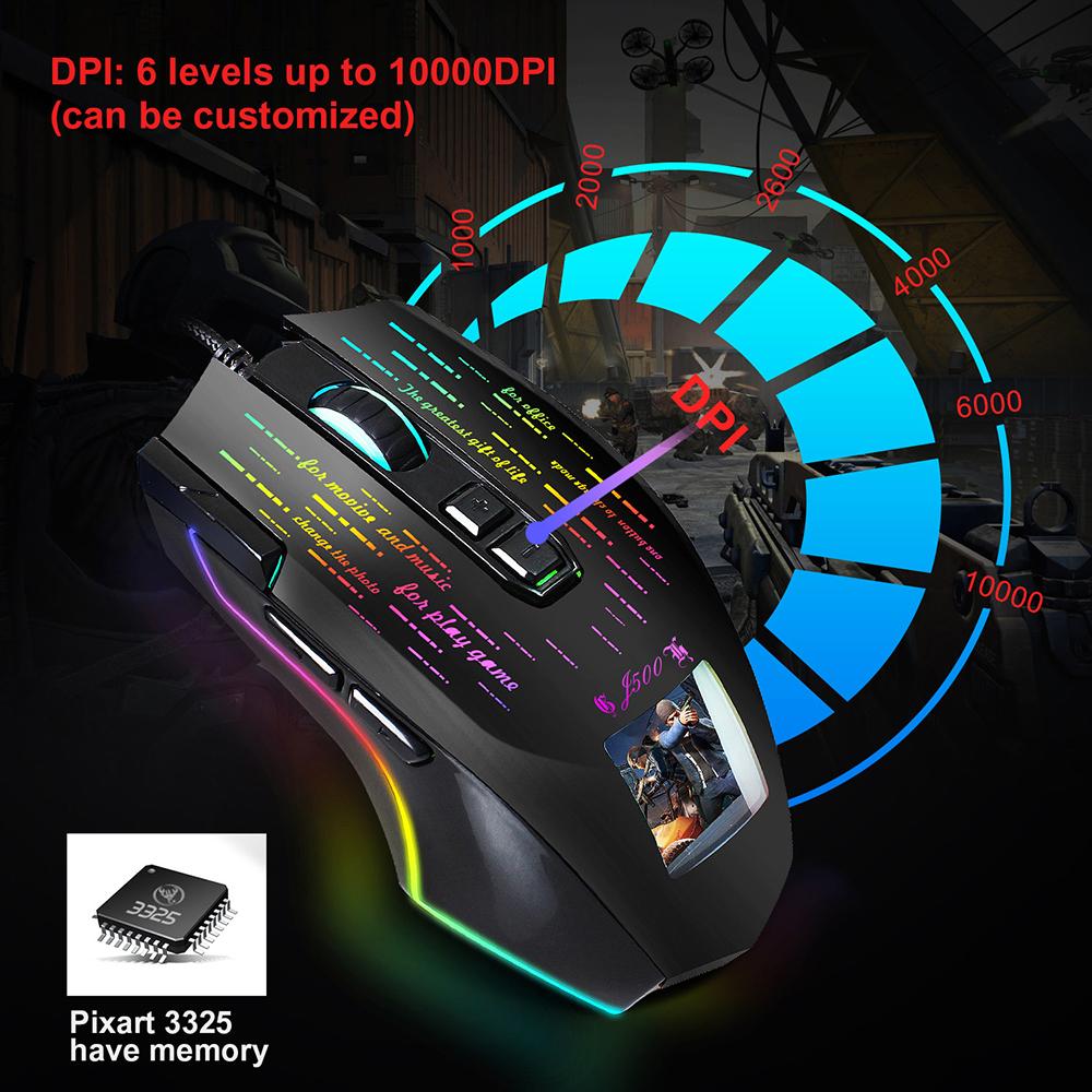 HXSJ J500 USB Wired Gaming Mouse RGB Gaming Mouse with Display Screen Six Adjustable DPI for Desktop Laptop