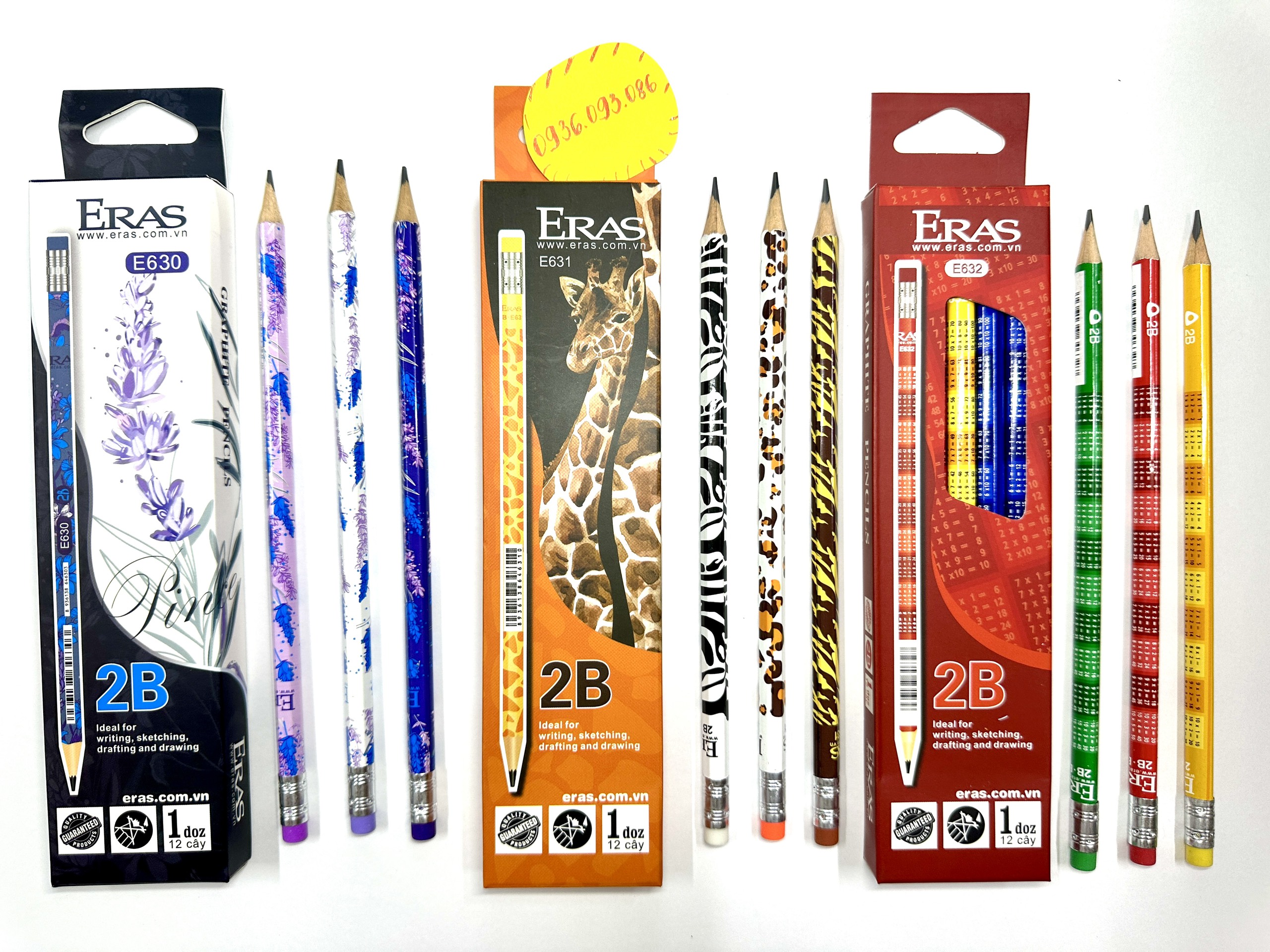 Hộp 12 Cây Bút Chì Gỗ 2B Có Gôm Thân Bút Họa Tiết Hoa Lavender E630, Hưu Cao Cổ E631, Bảng Cửu Chương E63, Bút Chì Eras