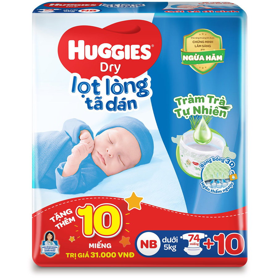 Tã dán sơ sinh Huggies Tràm Trà Tự Nhiên NB74 (dưới 5kg) - Gói 74 miếng + Tặng 10 miếng