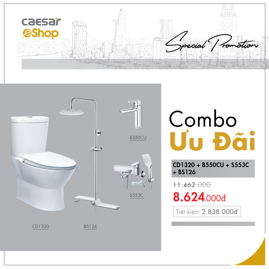 Combo sản phẩm bàn cầu+vòi lavabo+sen tắm+bộ phụ kiện sen tắm đứng - CD1320+B550CU+S553C+BS126