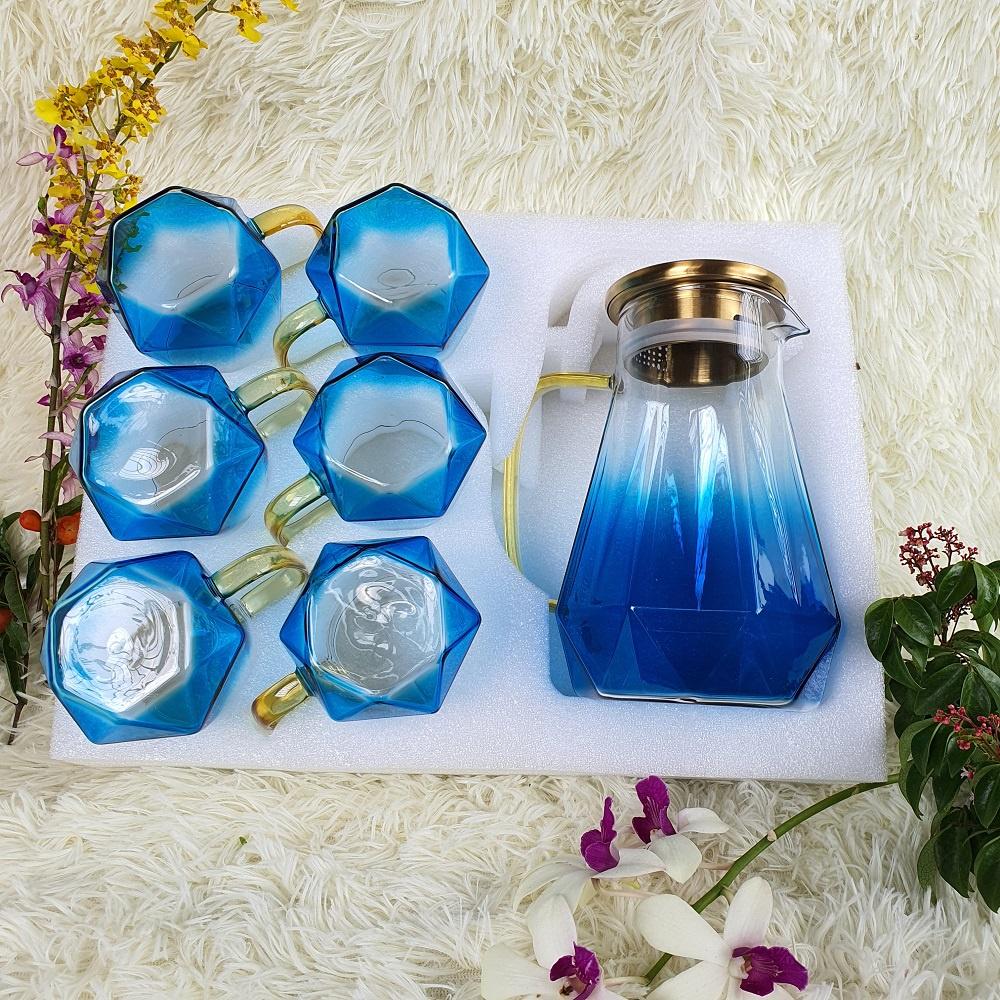 Bộ Bình thủy tinh chịu nhiệt 6 cốc đun được trực tiếp Màu Xanh mới lạ sang trọng - trong suốt lóng lánh
