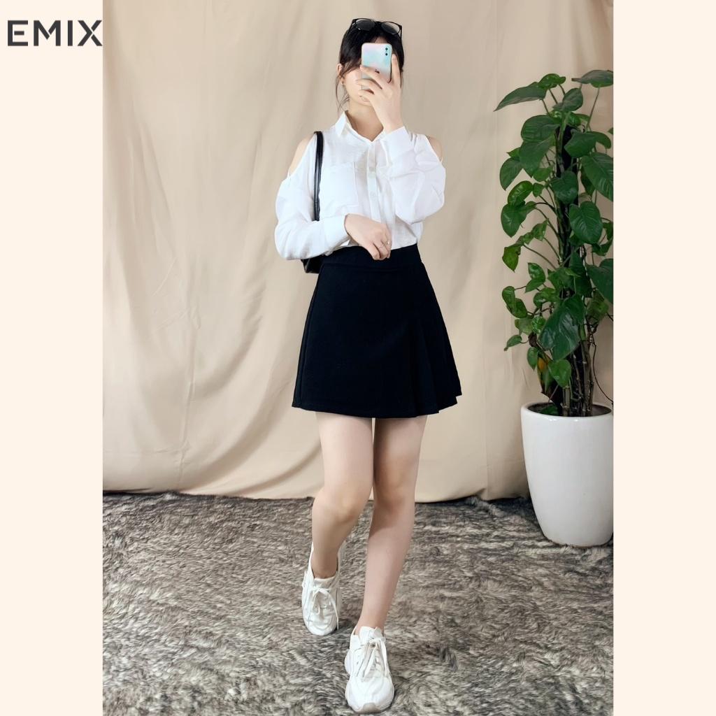 Chân váy chữ A 4 ly EMIX (màu đen), ulzzang, dáng ngắn, xếp ly, cạp cao, khóa sau, vải tuyết mưa, mềm mịn