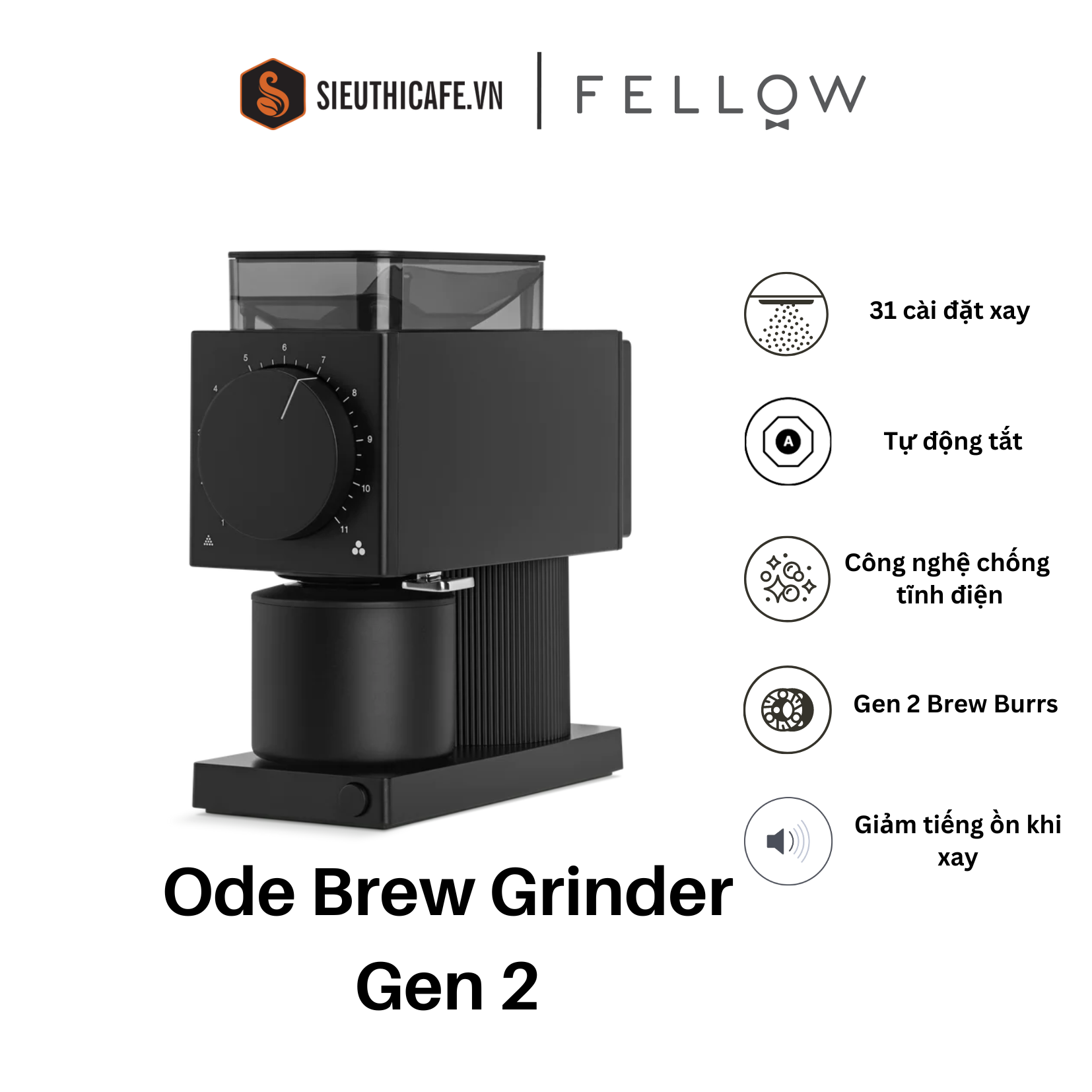 Máy xay cà phê Fellow Ode Gen 2 thế hệ mới chuyên dùng cho Brew - Màu đen - Bảo hành chính hãng 2 năm .