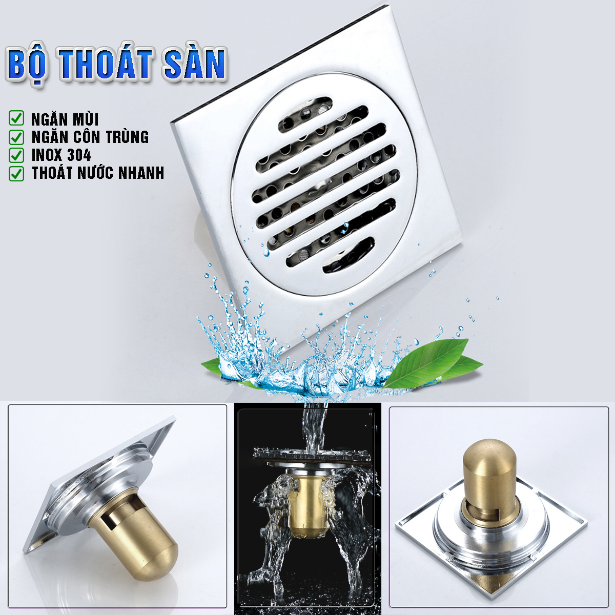 Phễu ga thoát sàn ngăn mùi, vi khuẩn, côn trùng trào ngược lên INOX SUS 304, lõi đồng, MIHOCO 183