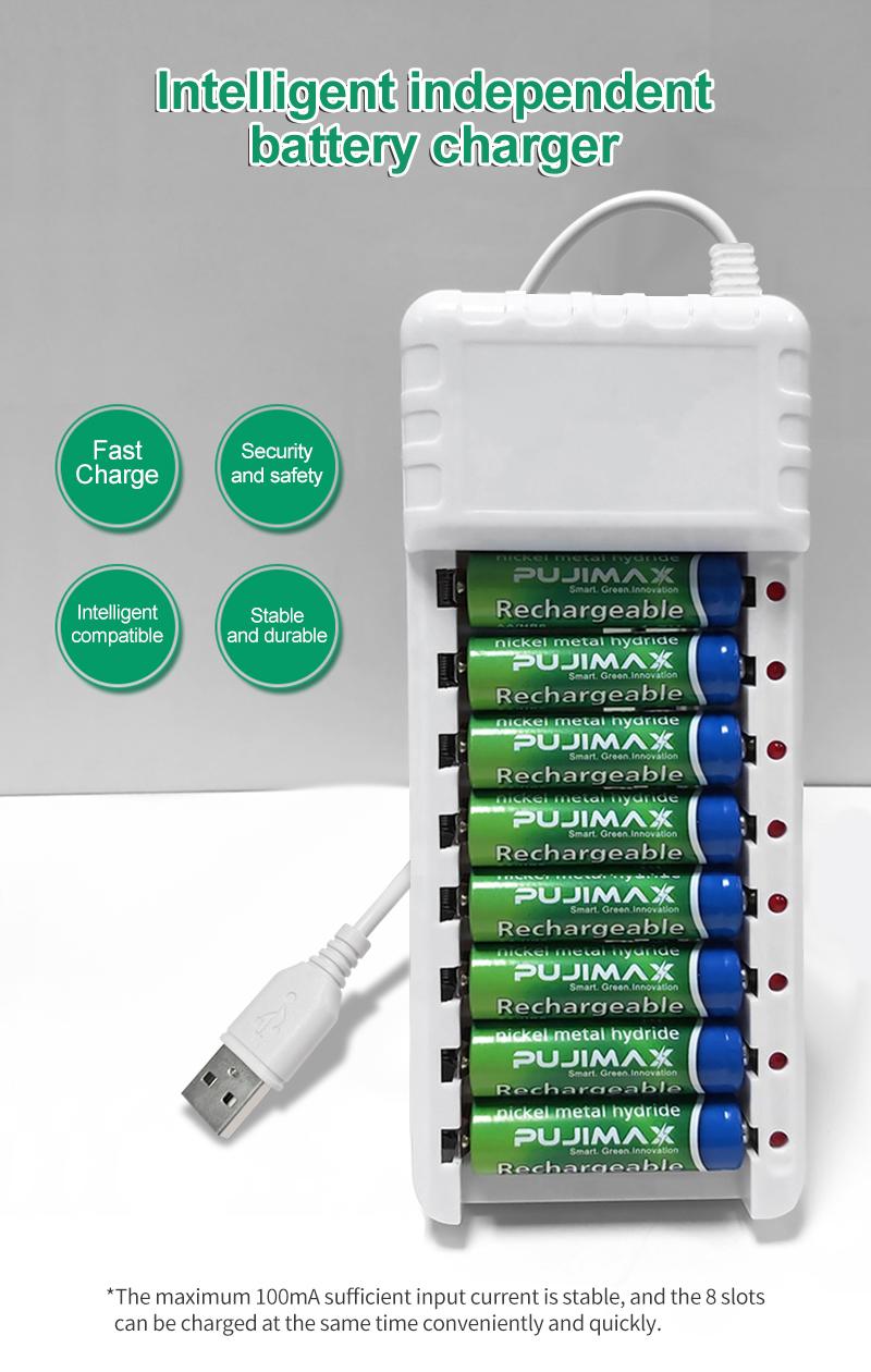 Pujimax sạc pin sạc đầu ra USB 8 khe bảo vệ ngắn mạch sạc nhanh phù hợp với công cụ pin AAA/AA Màu sắc: Đen