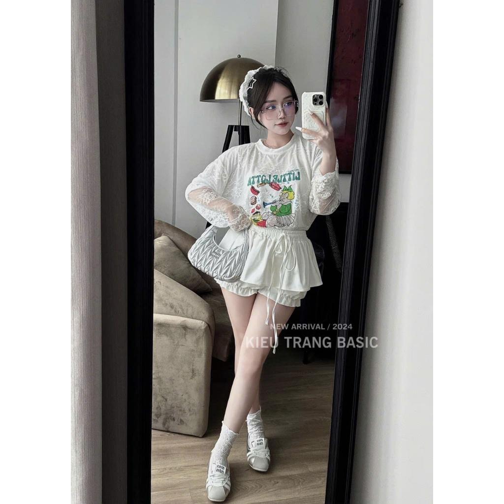 Set áo phông umi xốp pha lớp ren in hình cute phối quần chun giả váy 184 HH Bộ áo thun hoạ tiết mix quần đùi