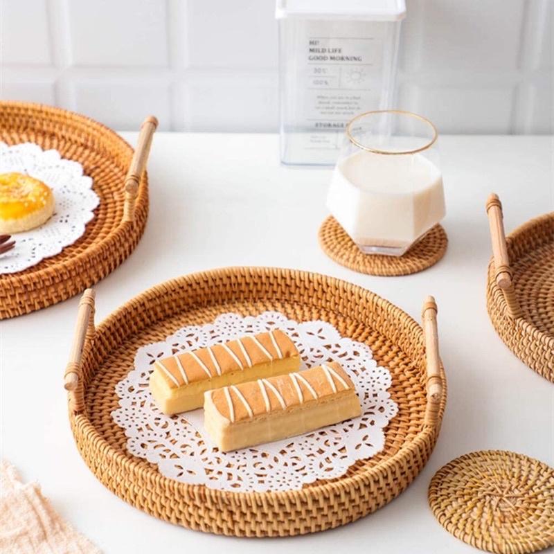 Khay mây guột tròn có tay cầm, khay mây đựng đồ ăn tiện lợi, khay decor siêu hot, khay mây chuyên dụng | Cappiano Home