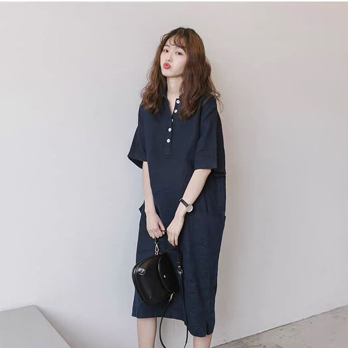Đầm suông linen cổ đức form rộng 2 túi ốp sườn trẻ trung, thời trang phong cách trẻ - Xanh than