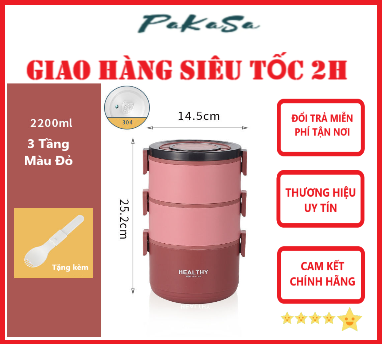 Cà Mèn 3 Tầng Giữ Nhiệt Lõi Inox 304 Cao Cấp Có Thể Tách Rời HEALTHY - Hàng Chính Hãng 