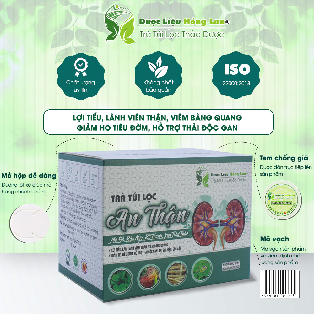 Trà An Thận - Bổ Thận túi lọc hộp 60g Dược Liệu Hồng Lan Lợi tiểu, hỗ trợ thải độc gan, trị sỏi niệu, sỏi mật,...
