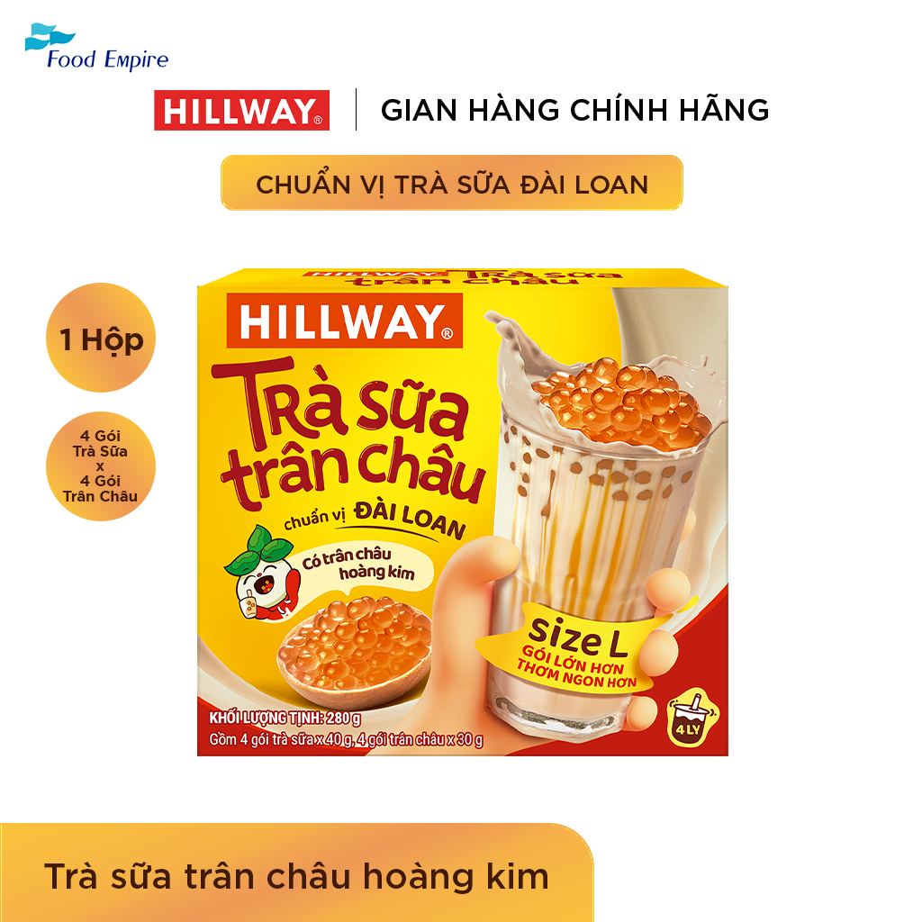 Trà Sữa Trân Châu Hoàng Kim - Hillway - Chuẩn vị Đài Loan size L (hộp 4 gói trà sữa, 4 gói trân châu)