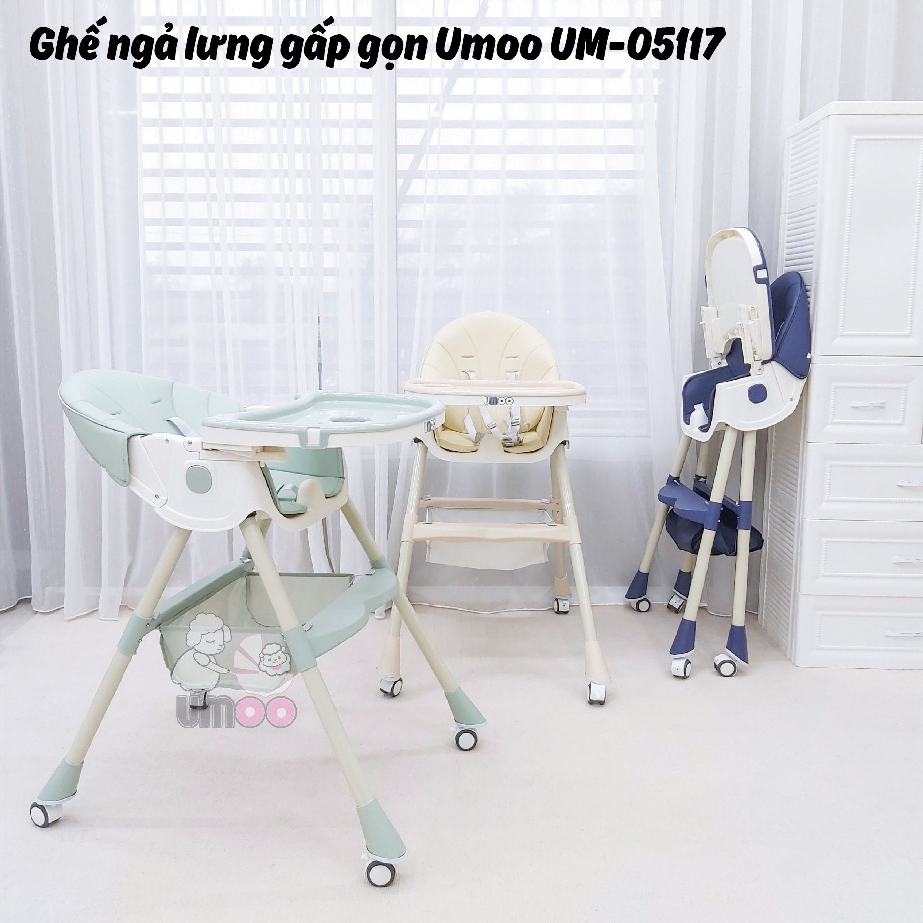 Ghế ngả lưng gấp gọn có bánh Umoo UM-05117 - Mã ghế đa zi năng nhất năm 2022, chấp hết mọi tư thế ăn nghiêng ngả của các siêu quậy nhí