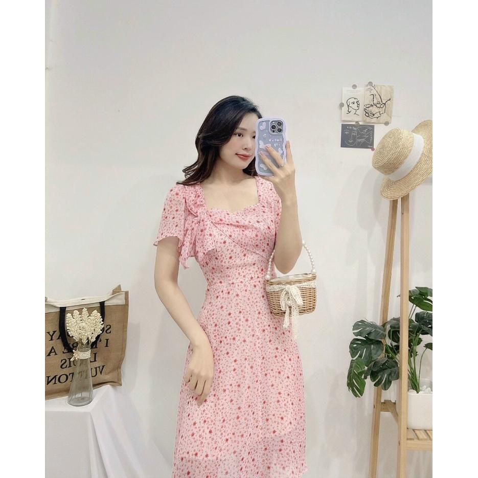 Đầm hoa nhí dự tiệc màu hồng, Váy voan hoa nhí nơ cổ hồng Cao Cấp dáng xòe tay ngắn, nữ tính quyến rũ - MiNhi Fashion