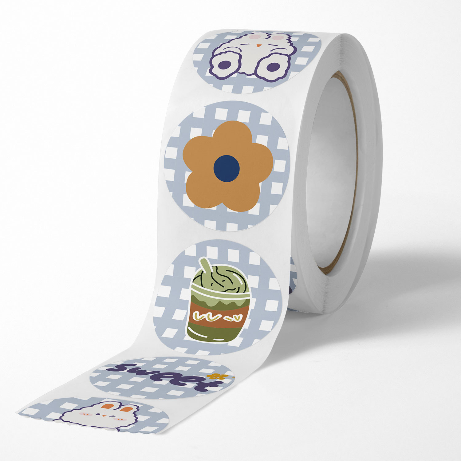 Cuộn 500 tem dán sticker thỏ kem bơ caro size 2.5cm có keo dính