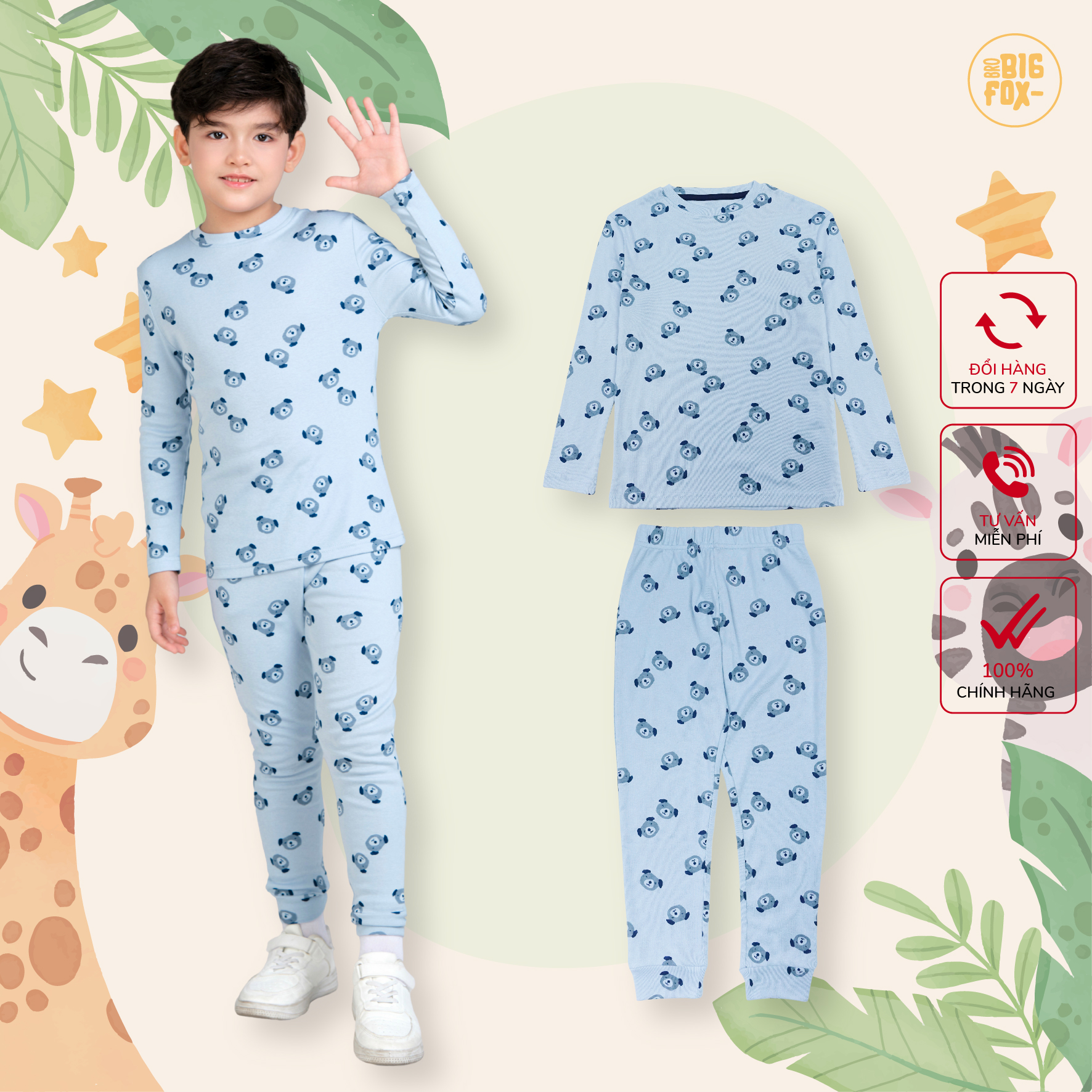 Bộ đồ dài tay cho bé trai Bigfox Miss Meow vải bozip mùa thu đông mặc nhà size đại trẻ em 3-8 tuổi