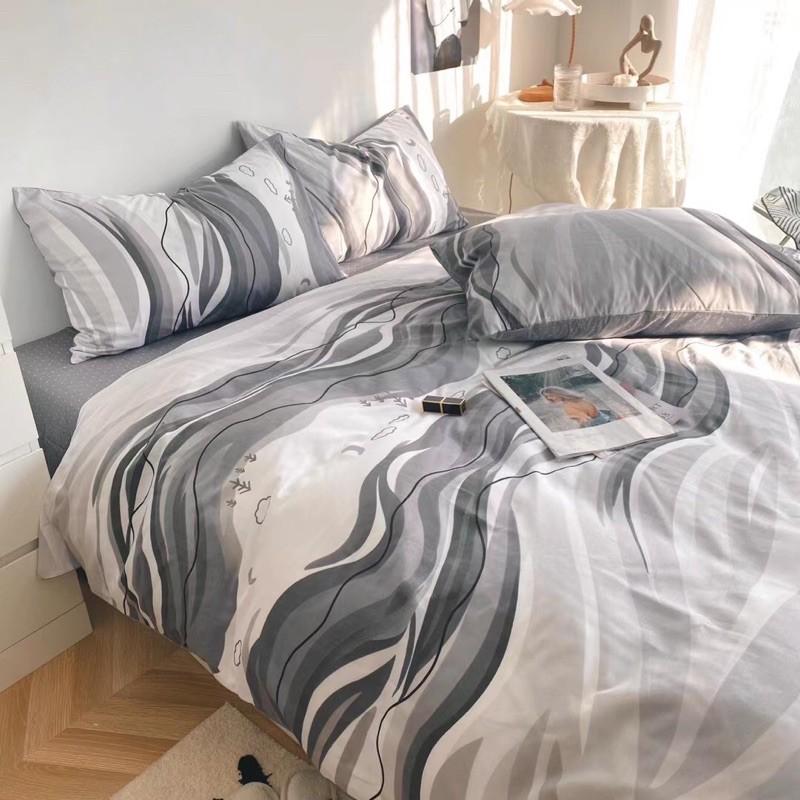 Set Cotton Living Hàng Nhập Khẩu Cao Cấp 4 Món Kẻ Xanh Xám Sóng Nước