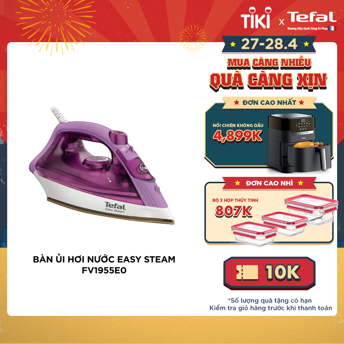 Bàn ủi hơi nước Tefal Easy Steam FV1955E0 1400W - Hàng chính hãng