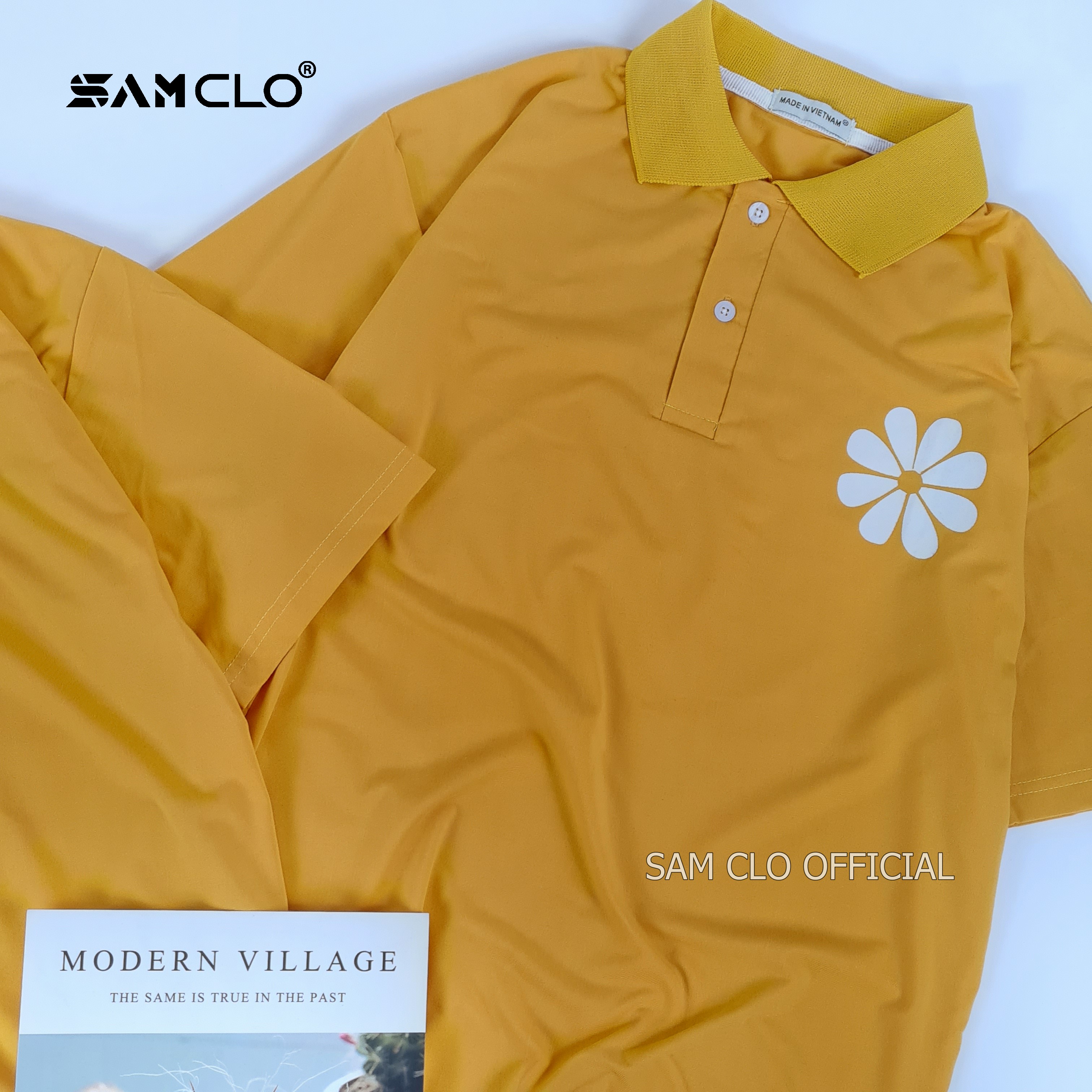 Áo thun Polo tay lỡ nữ SAM CLO form rộng phông freesize unisex mặc đi học, cặp, nhóm, lớp in hình hoa cúc - MÀU VÀNG
