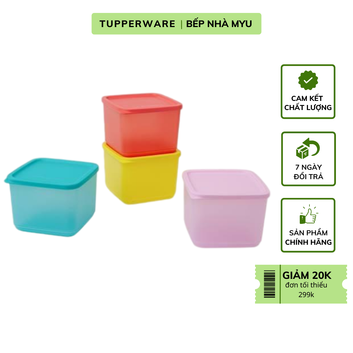 Bộ Hộp Tupperware Bảo Quản Thực Phẩm Ngăn Mát Medium Square Round 1L (04 Hộp)