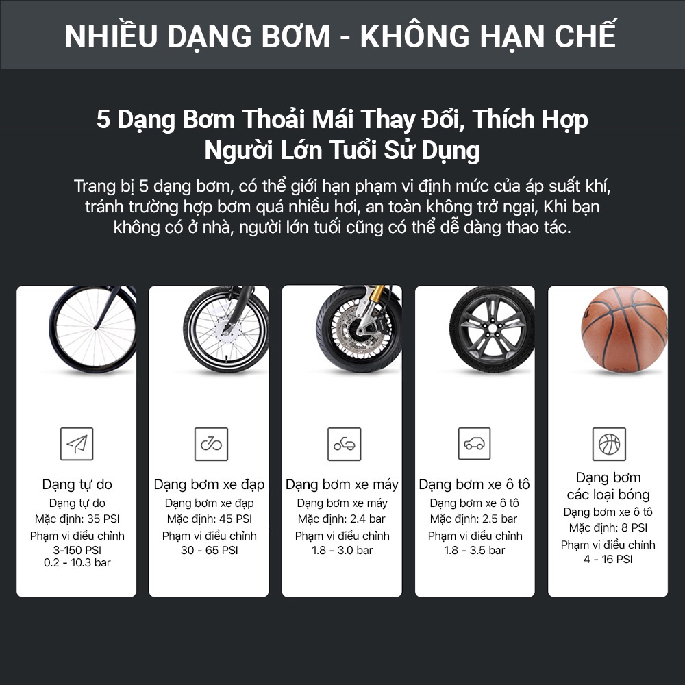 Máy Bơm Lốp Xe Ôtô Tự Động Công Suất Lớn Trên Phút Động Cơ Mạnh Mẽ Và Bền Bỉ Sử Dụng 3 Đầu Tương Thích Các Loại Xe