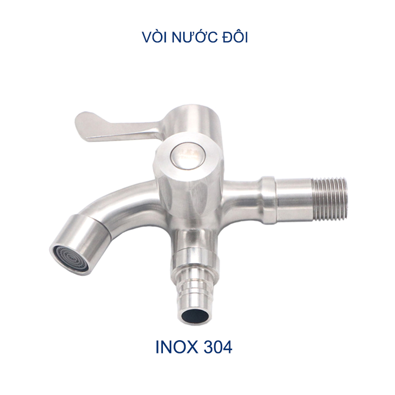 Vòi nước lạnh đôi gắn tường bằng Inox304 V5008-có đầu cho cấp nước máy giặt