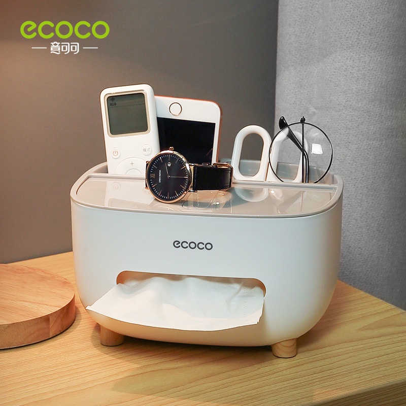 Hộp giấy ăn để bàn Ecoco kèm giá đỡ điện thoại kiêm hộp đựng điều khiển, đồ dùng cá nhân tiện dụng thông minh, chất liệu nhựa ABS cao cấp, chân gỗ chống trơn trượt