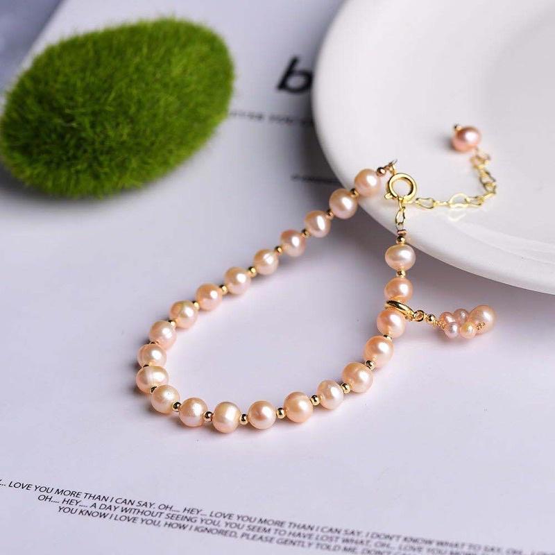 Vòng Tay Ngọc Trai Hạt 7ly Màu Cam Mix Bi Titan, Vòng Tay Ngọc Trai Nước Ngọt Tự Nhiên Sang Trọng - Ngọc Trai Trường Thịnh