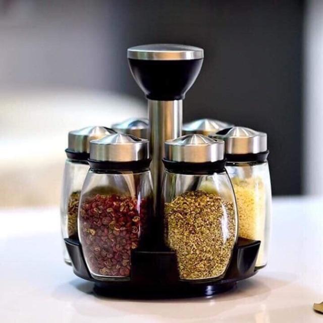 Bộ 6 hũ gia vị thuỷ tinh cao cấp kèm đế xoay sang chảnh