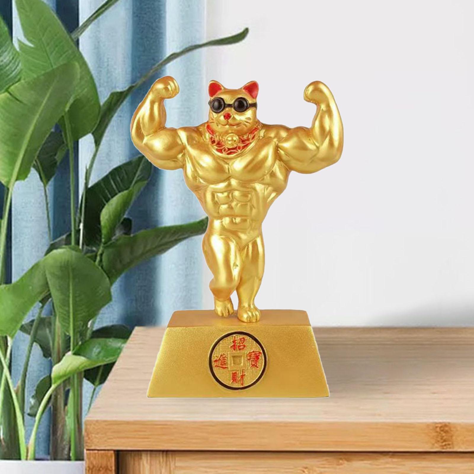 Gold Money Cat Sculptures Muscle Arm Fortune Cat Opening Gift for Welcoming Living Room