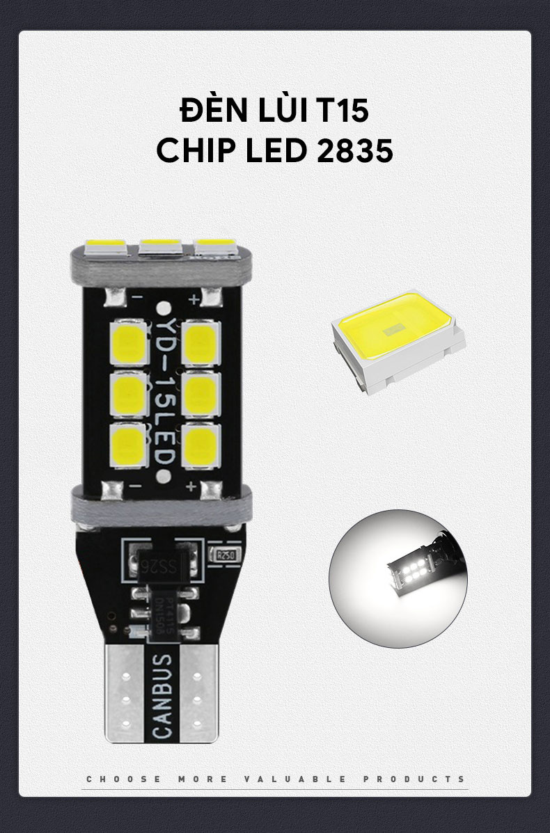 Đèn LED lùi xe hơi T15 chip 2835 Canbus T152835-15